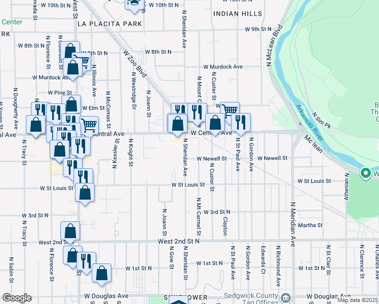 map of restaurants, bars, coffee shops, grocery stores, and more near 612 N Sheridan St in Wichita