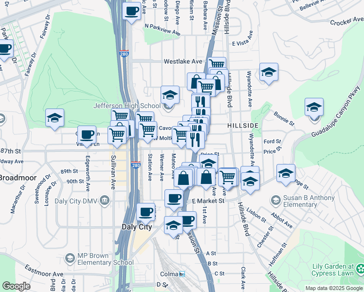 map of restaurants, bars, coffee shops, grocery stores, and more near 108 School Street in Daly City
