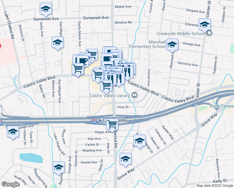 map of restaurants, bars, coffee shops, grocery stores, and more near 20980 Redwood Road in Castro Valley