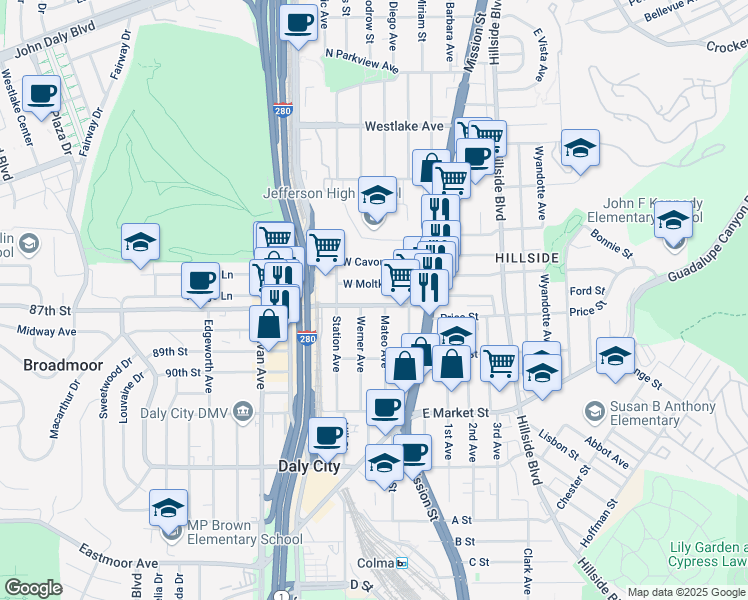 map of restaurants, bars, coffee shops, grocery stores, and more near 150 School Street in Daly City