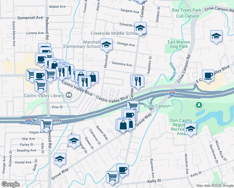 map of restaurants, bars, coffee shops, grocery stores, and more near 3998 Castro Valley Boulevard in Castro Valley