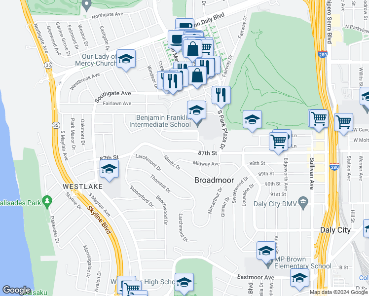 map of restaurants, bars, coffee shops, grocery stores, and more near in Broadmoor
