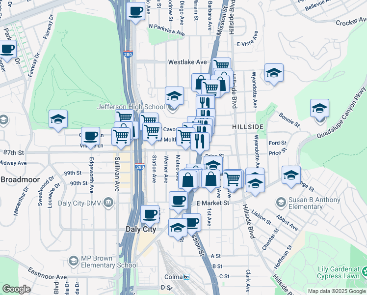 map of restaurants, bars, coffee shops, grocery stores, and more near 116 School Street in Daly City