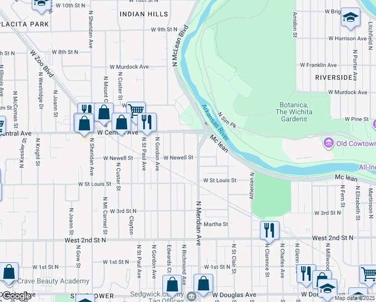 map of restaurants, bars, coffee shops, grocery stores, and more near 614 Richmond North in Wichita