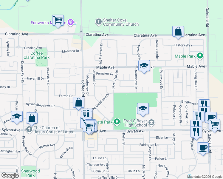 map of restaurants, bars, coffee shops, grocery stores, and more near 3805 Beyer Park Drive in Modesto