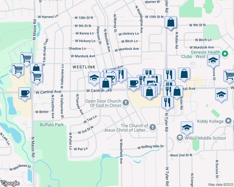 map of restaurants, bars, coffee shops, grocery stores, and more near 9301 West Central Avenue in Wichita