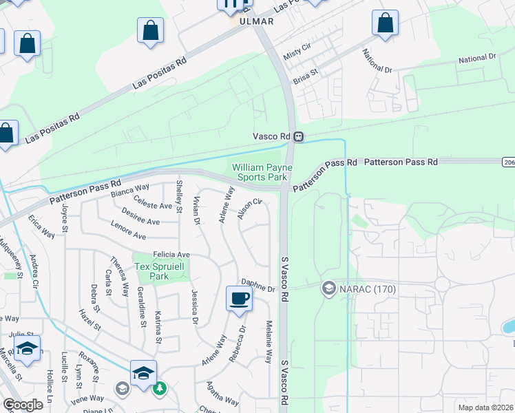 map of restaurants, bars, coffee shops, grocery stores, and more near 815 Alison Circle in Livermore