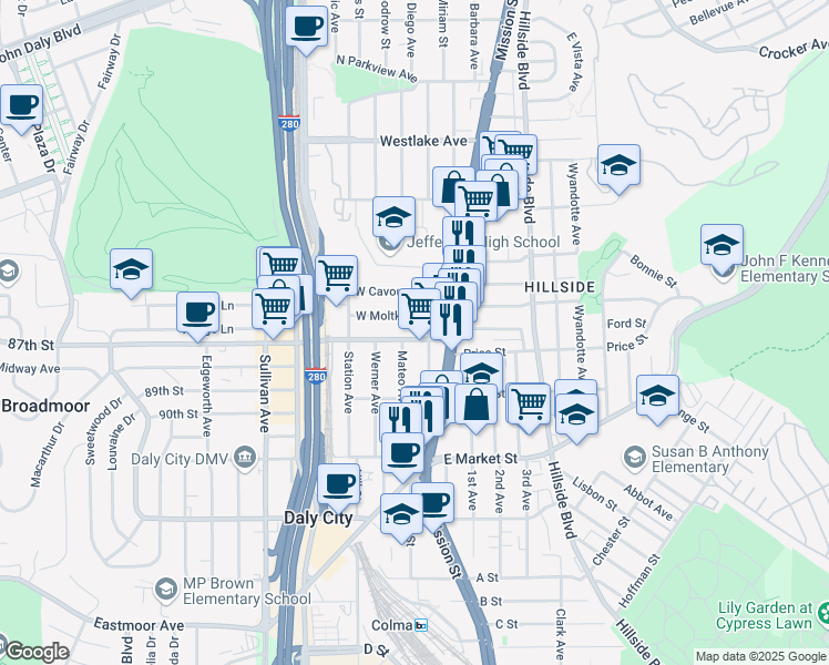 map of restaurants, bars, coffee shops, grocery stores, and more near 116 School Street in Daly City
