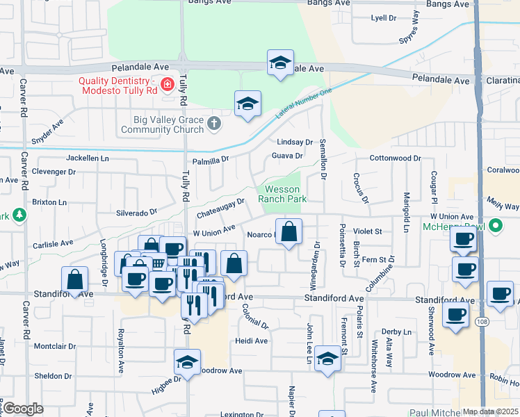 map of restaurants, bars, coffee shops, grocery stores, and more near 1021 West Union Avenue in Modesto