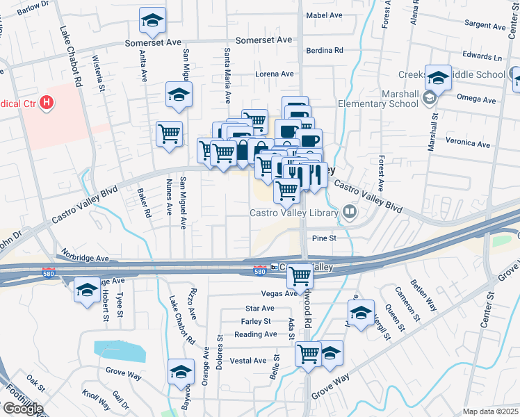 map of restaurants, bars, coffee shops, grocery stores, and more near 3341 Wilbeam Court in Castro Valley