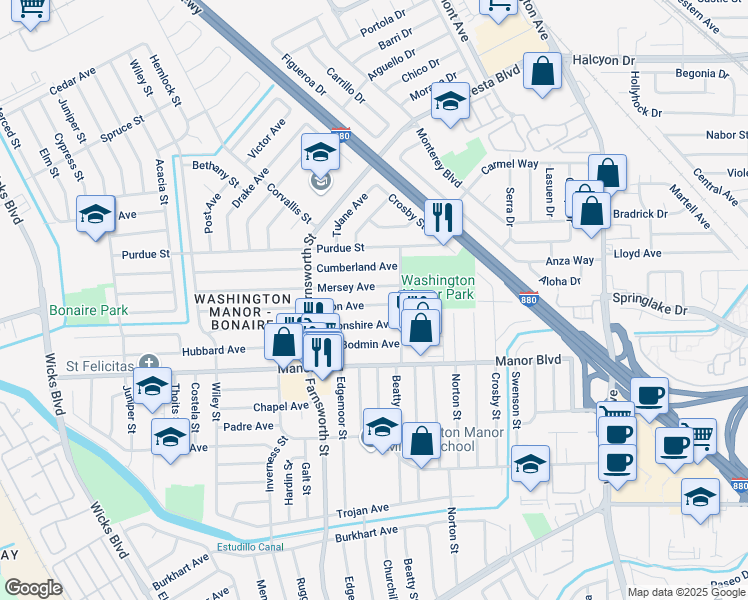 map of restaurants, bars, coffee shops, grocery stores, and more near 1075 Avon Avenue in San Leandro