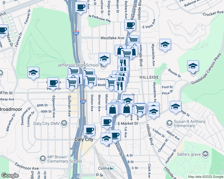 map of restaurants, bars, coffee shops, grocery stores, and more near 104 Bruno Avenue in Daly City
