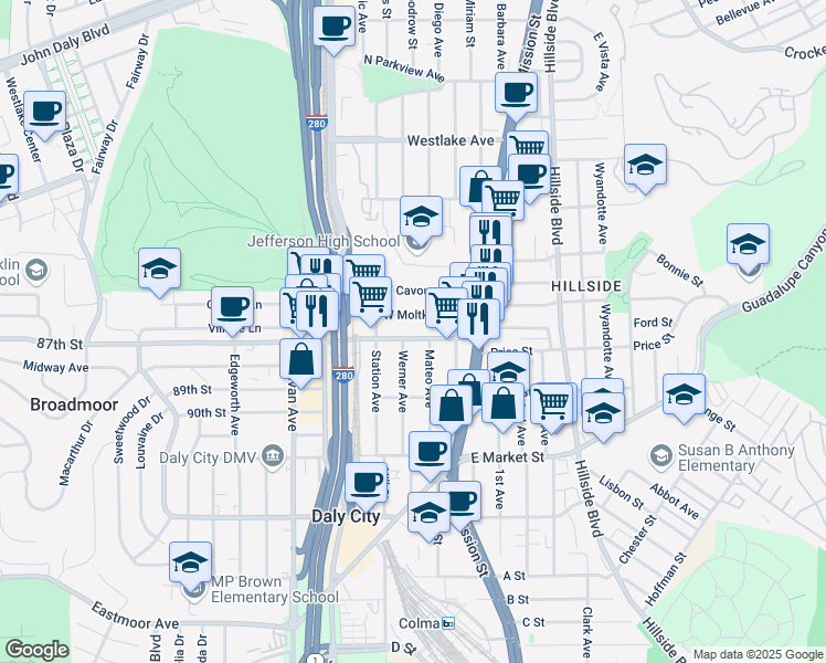 map of restaurants, bars, coffee shops, grocery stores, and more near 150 School Street in Daly City