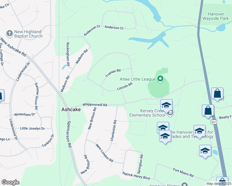map of restaurants, bars, coffee shops, grocery stores, and more near 8618 Lincoln Road in Mechanicsville