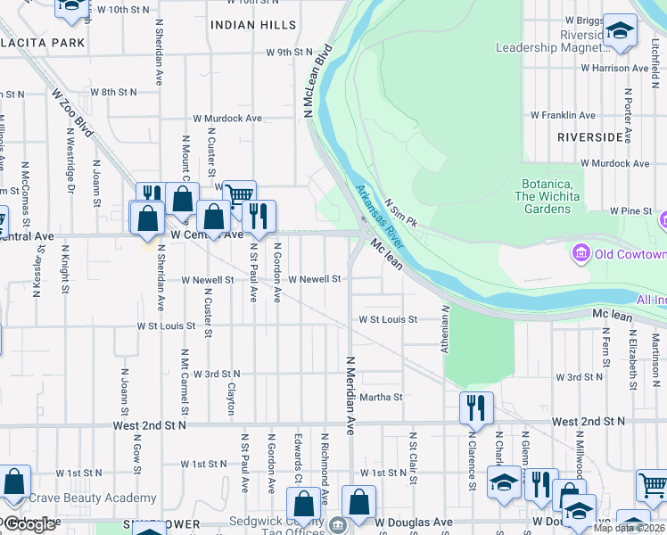 map of restaurants, bars, coffee shops, grocery stores, and more near 610 Richmond North in Wichita