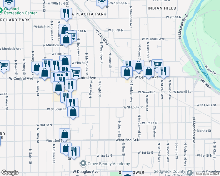 map of restaurants, bars, coffee shops, grocery stores, and more near 3509 West Donna in Wichita