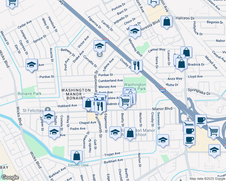 map of restaurants, bars, coffee shops, grocery stores, and more near 1075 Avon Avenue in San Leandro