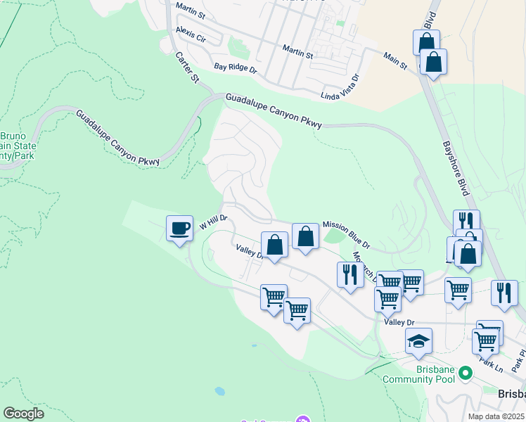 map of restaurants, bars, coffee shops, grocery stores, and more near 233 Callippe Court in Brisbane