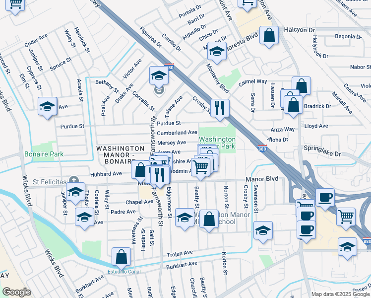 map of restaurants, bars, coffee shops, grocery stores, and more near 1075 Avon Avenue in San Leandro