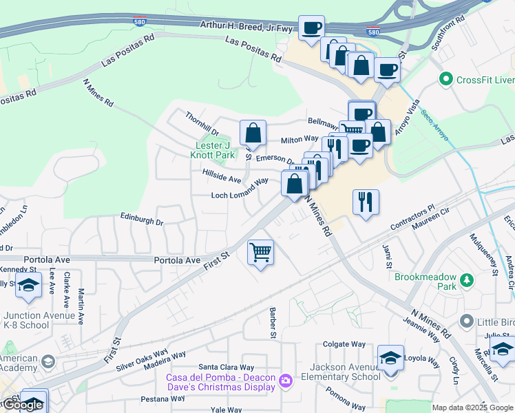 map of restaurants, bars, coffee shops, grocery stores, and more near 304 Avondale Lane in Livermore