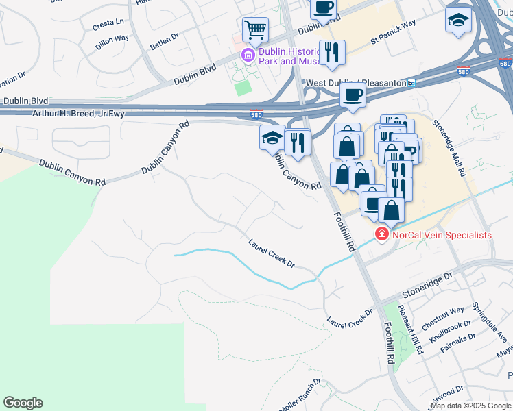map of restaurants, bars, coffee shops, grocery stores, and more near 9339 Benzon Drive in Pleasanton