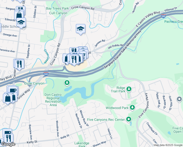 map of restaurants, bars, coffee shops, grocery stores, and more near Sergeant Daniel Sakai Memorial Hwy in Castro Valley