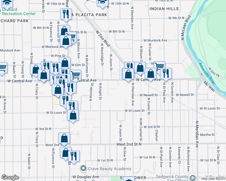 map of restaurants, bars, coffee shops, grocery stores, and more near 3509 West Donna in Wichita