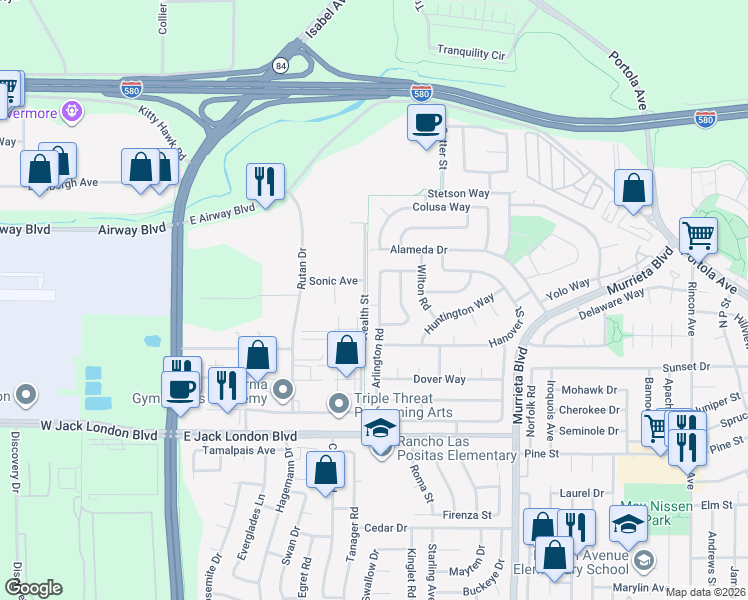 map of restaurants, bars, coffee shops, grocery stores, and more near 1428 Arlington Road in Livermore