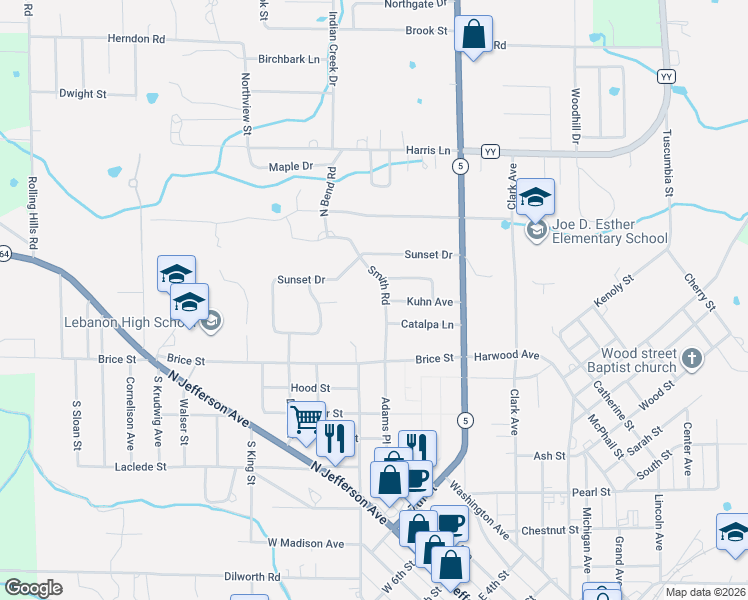 map of restaurants, bars, coffee shops, grocery stores, and more near 213 Smith Road in Lebanon
