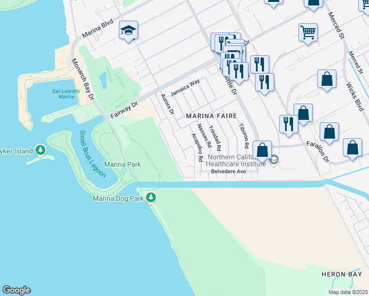 map of restaurants, bars, coffee shops, grocery stores, and more near 185 Finback Way in San Leandro