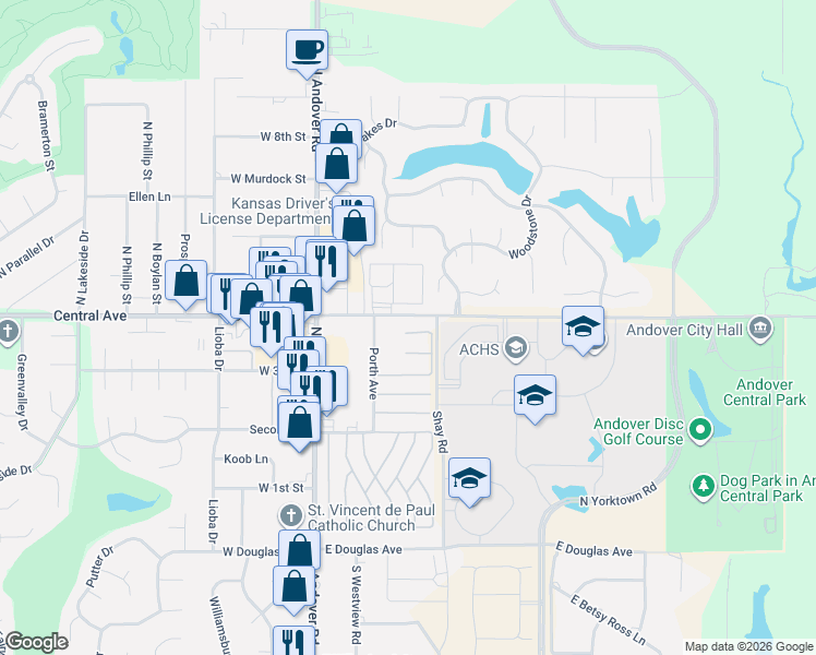 map of restaurants, bars, coffee shops, grocery stores, and more near 400 Kay Street in Andover
