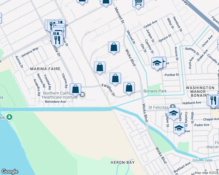 map of restaurants, bars, coffee shops, grocery stores, and more near 2046 Farallon Dr in San Leandro