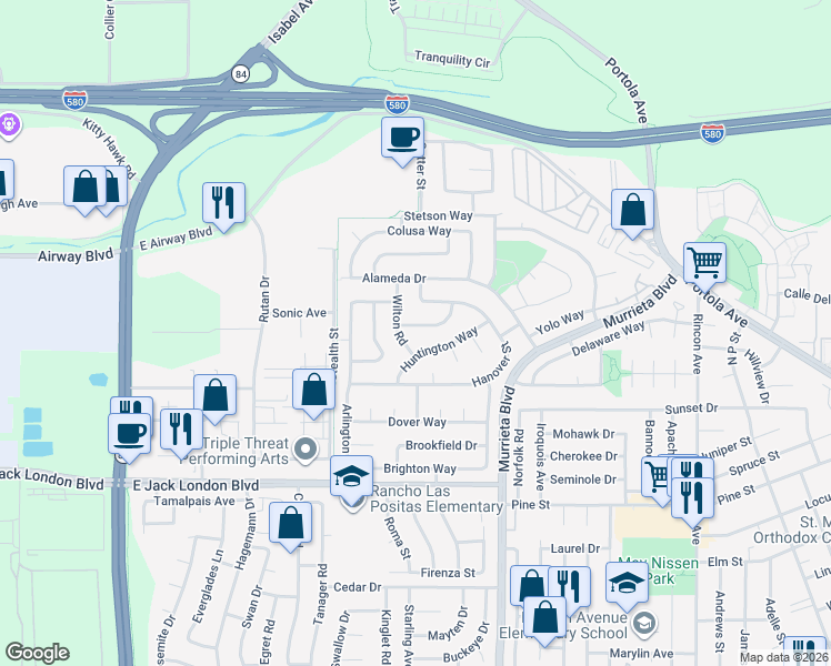 map of restaurants, bars, coffee shops, grocery stores, and more near 528 Huntington Way in Livermore