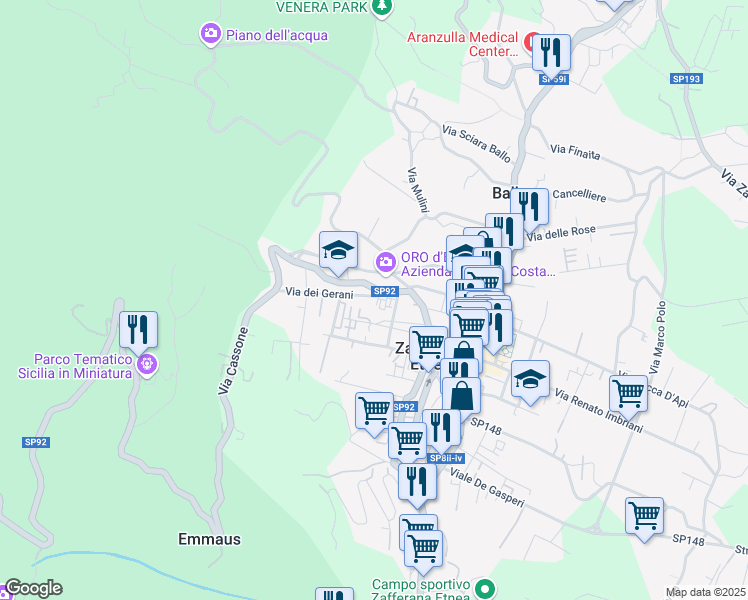 map of restaurants, bars, coffee shops, grocery stores, and more near 1 Via dei Gerani in Zafferana Etnea