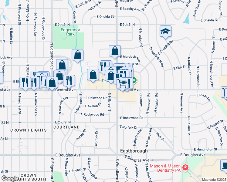 map of restaurants, bars, coffee shops, grocery stores, and more near 6305 Central Avenue in Wichita
