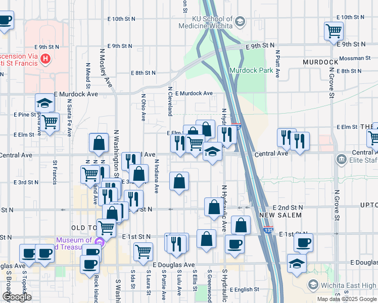 map of restaurants, bars, coffee shops, grocery stores, and more near 1512 East Central Avenue in Wichita
