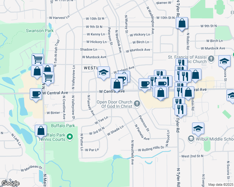 map of restaurants, bars, coffee shops, grocery stores, and more near 9505 West Central Avenue in Wichita