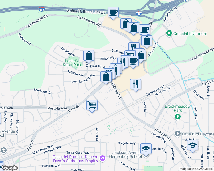 map of restaurants, bars, coffee shops, grocery stores, and more near 4171 First Street in Livermore