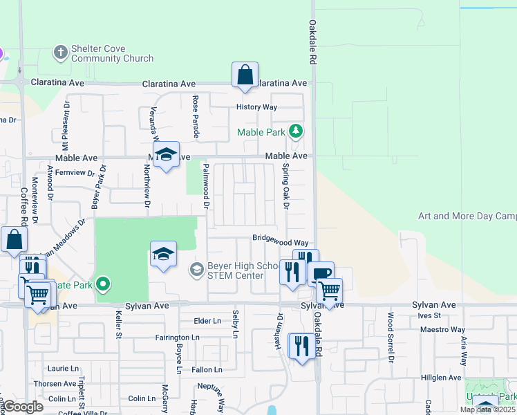 map of restaurants, bars, coffee shops, grocery stores, and more near 3816 Surfside Drive in Modesto