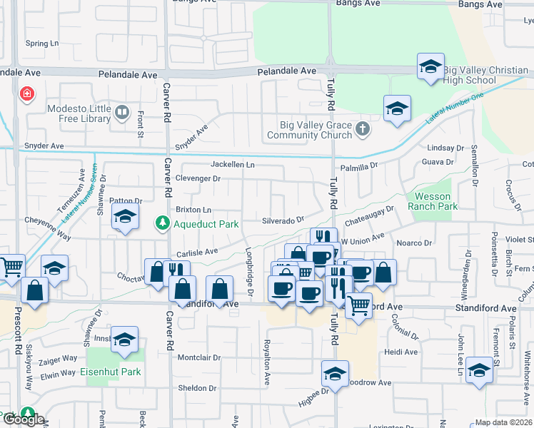 map of restaurants, bars, coffee shops, grocery stores, and more near 1425 Silverado Drive in Modesto