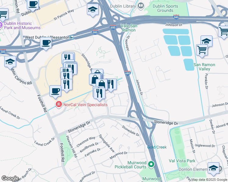 map of restaurants, bars, coffee shops, grocery stores, and more near 6250 Stoneridge Mall Road in Pleasanton