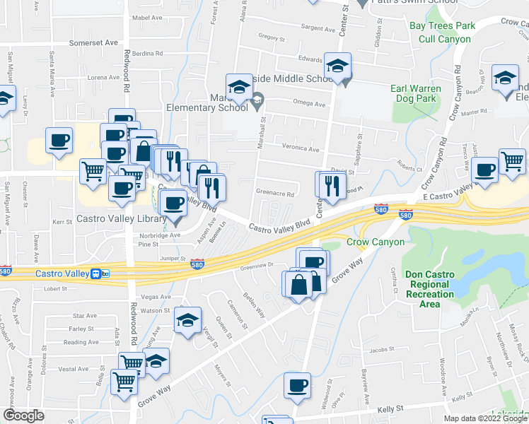 map of restaurants, bars, coffee shops, grocery stores, and more near 3970 Castro Valley Boulevard in Castro Valley
