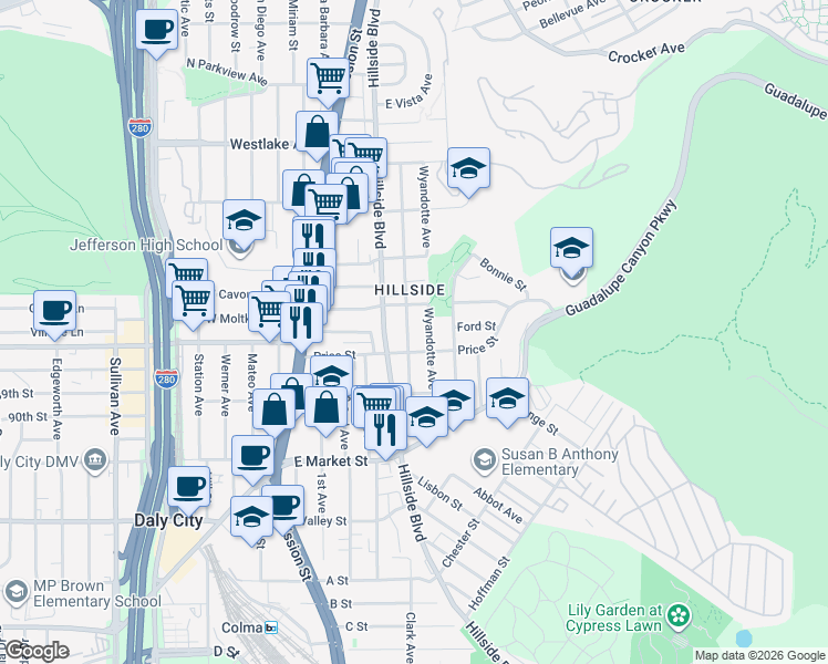map of restaurants, bars, coffee shops, grocery stores, and more near 475 Wyandotte Avenue in Daly City