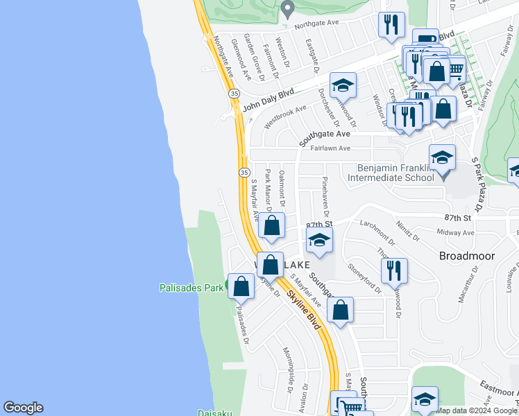 map of restaurants, bars, coffee shops, grocery stores, and more near 88 Park Manor Drive in Daly City