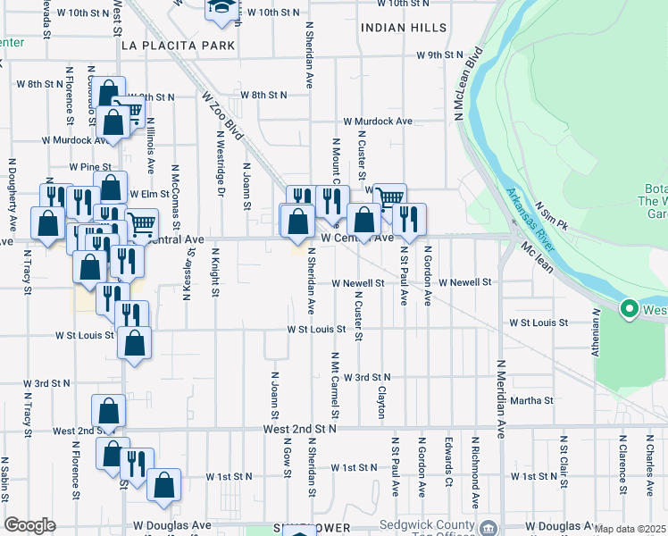 map of restaurants, bars, coffee shops, grocery stores, and more near 612 North Sheridan Street in Wichita