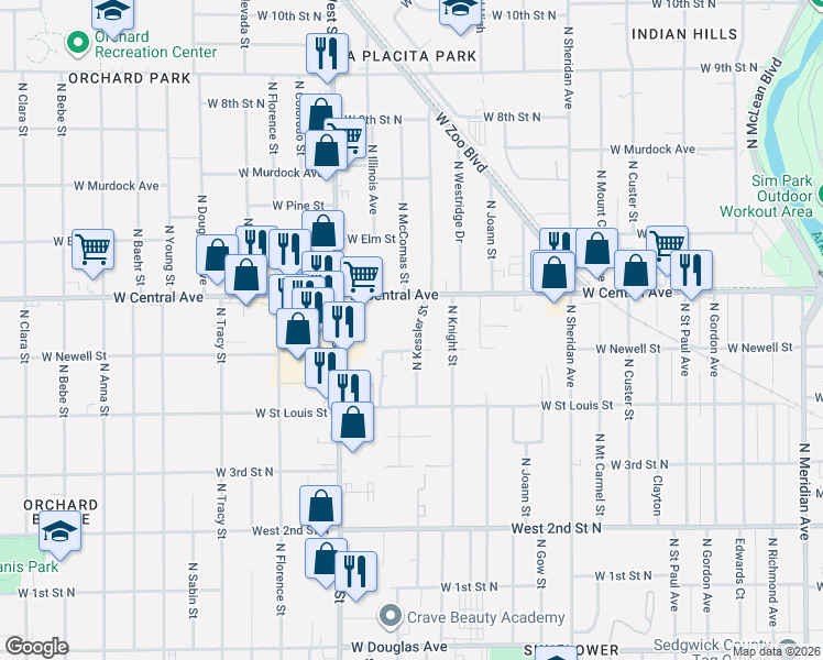 map of restaurants, bars, coffee shops, grocery stores, and more near 614 North Kessler Street in Wichita