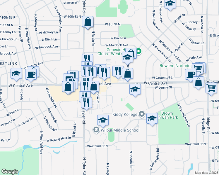 map of restaurants, bars, coffee shops, grocery stores, and more near 8405 West Central Avenue in Wichita
