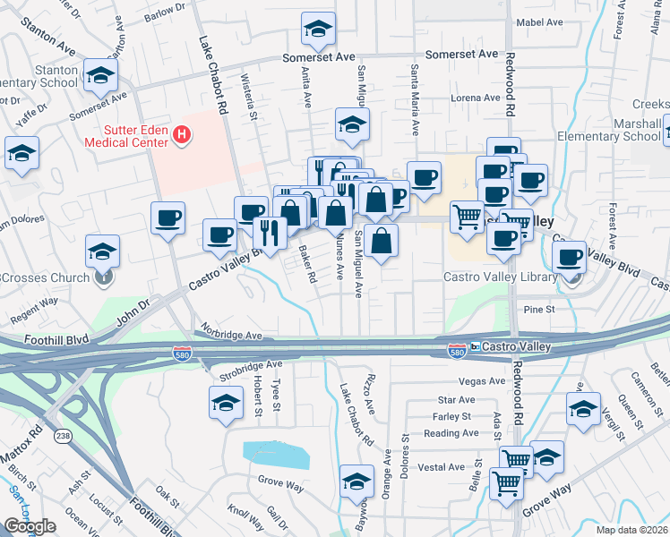 map of restaurants, bars, coffee shops, grocery stores, and more near 20942 Nunes Avenue in Castro Valley