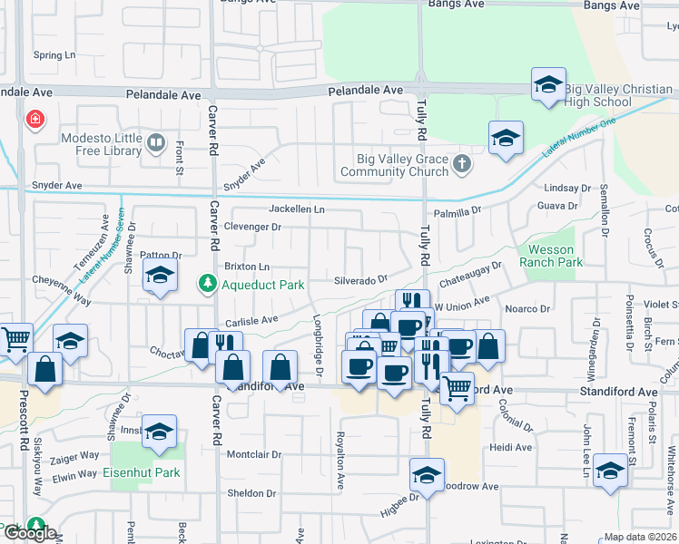 map of restaurants, bars, coffee shops, grocery stores, and more near 1425 Silverado Drive in Modesto