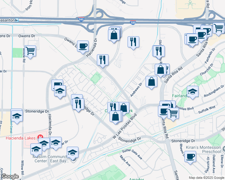 map of restaurants, bars, coffee shops, grocery stores, and more near 5614 Owens Drive in Pleasanton